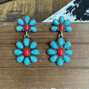 Turquoise and Red Floral Earrings